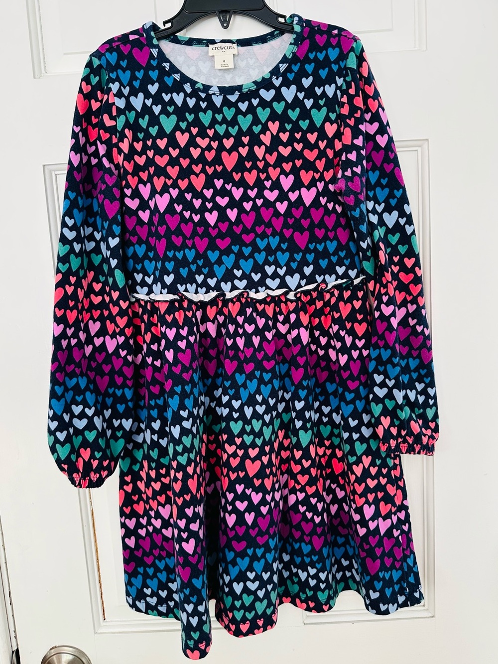 J Crew Crewcuts Navy Long Sleeve Dress w Rainbow Hearts Back To School Sz 8
